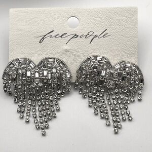 NWT Free People Silver Heart Rhinestone Dangle Earrings